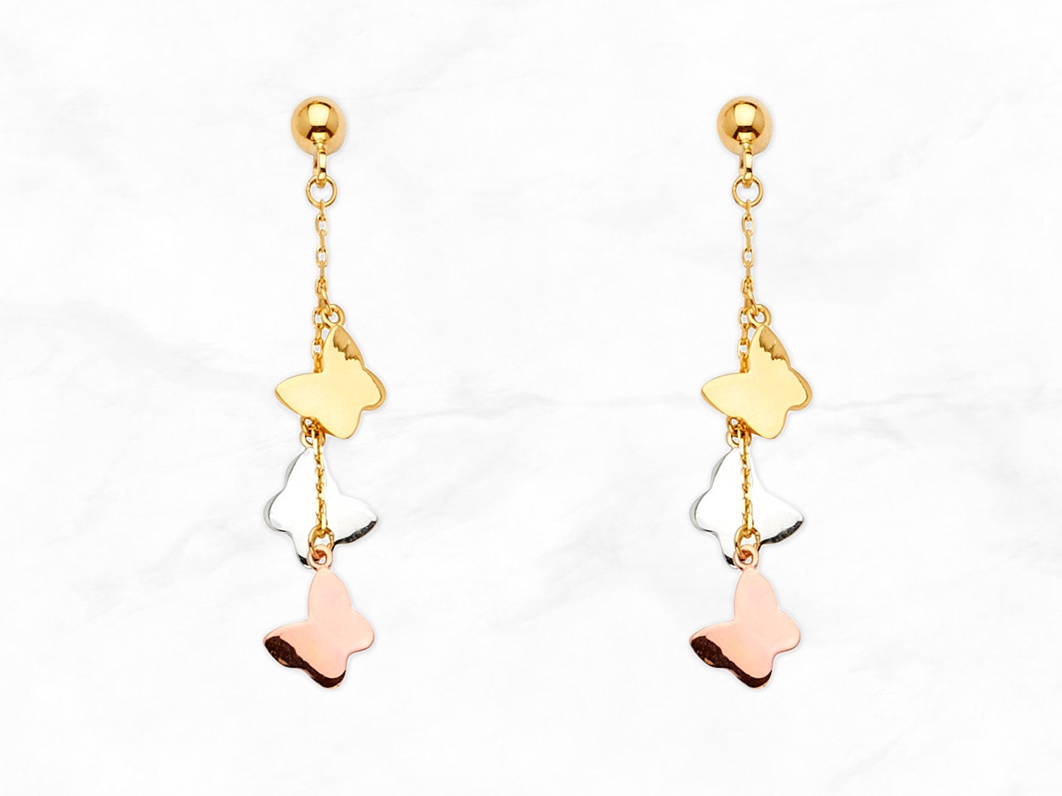 14K Gold Dangling Butterflies Earrings • Real 14K Tri-Color Gold Dangle Earrings • Hanging Butterfly Earrings •