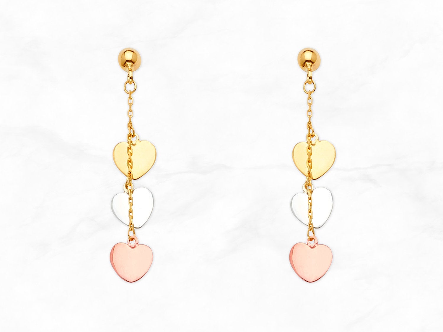 14K Gold Dangling Hearts Earrings • Real Tri-Color Gold Dangle Earrings • 14K Gold Earrings for Her • Hanging Hearts Earrings
