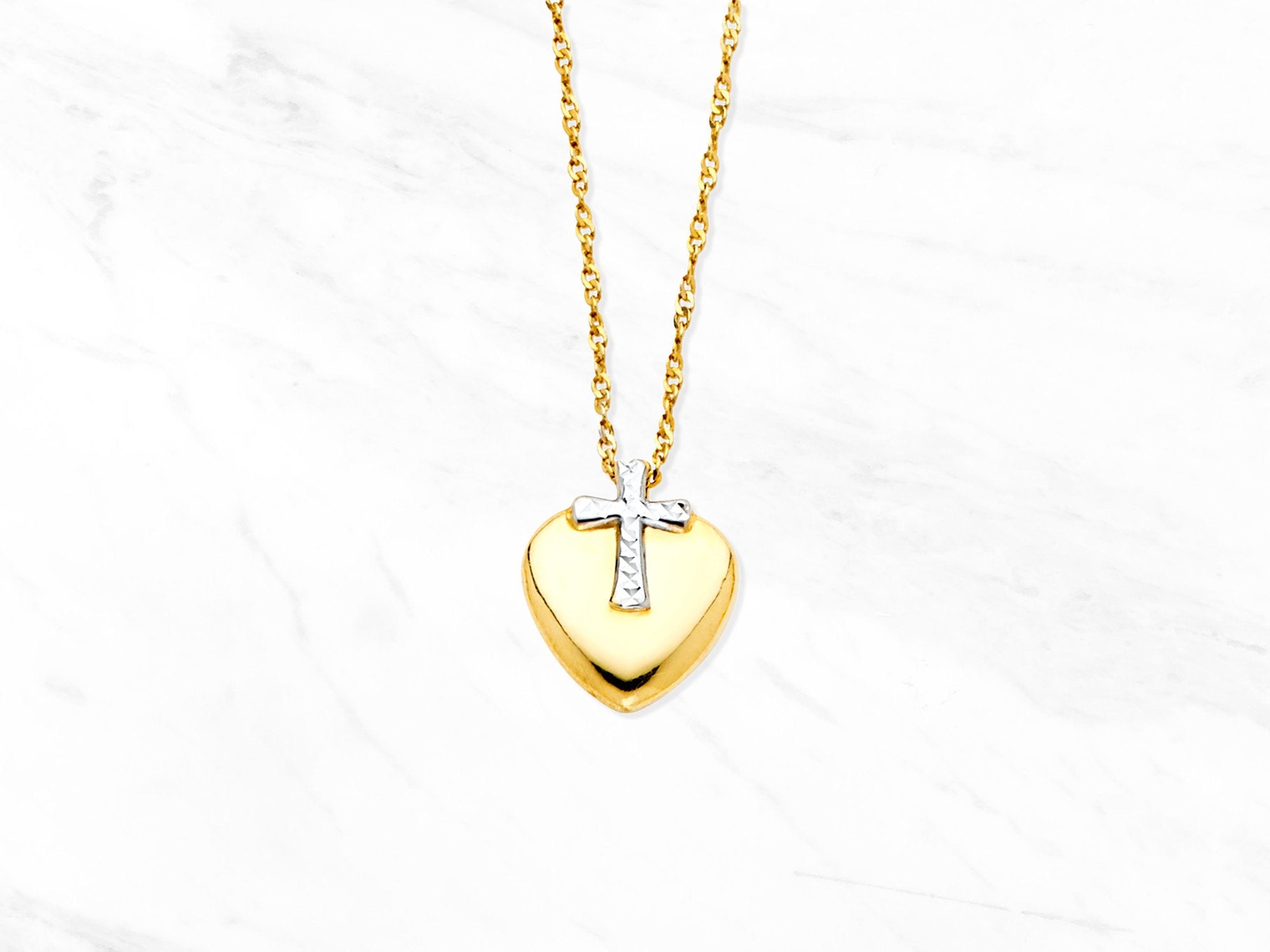 14K Gold Cross Heart Necklace • Real Two-Tone 14K Gold Cross Pendant Necklace • Heart Cross Charm Necklace • Minimal Pendant Necklace