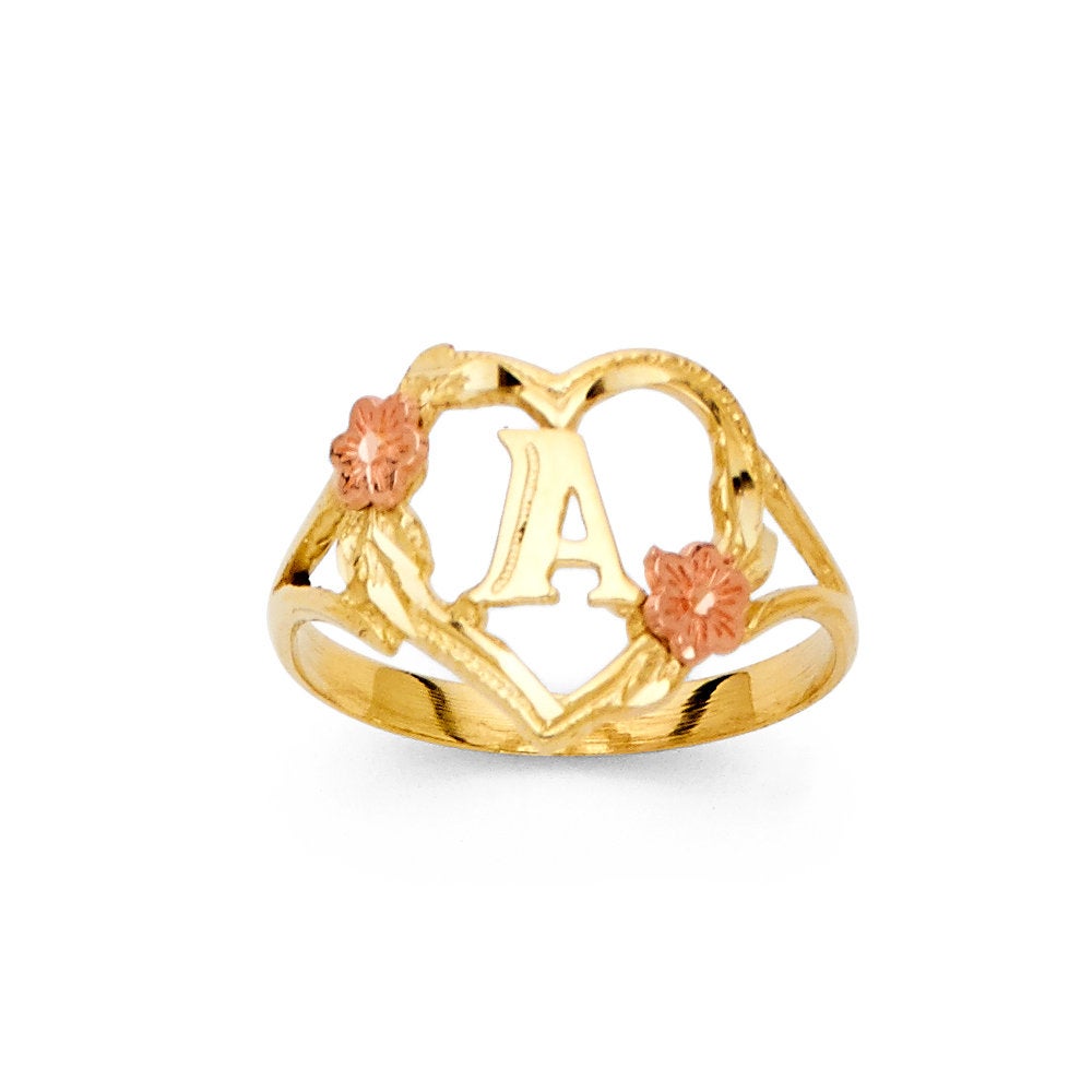 10K Gold Flower Heart Initial Ring • A-Z • Yellow Rose Gold Letter Ring • Alphabet Ring • Real Gold Initial Ring •