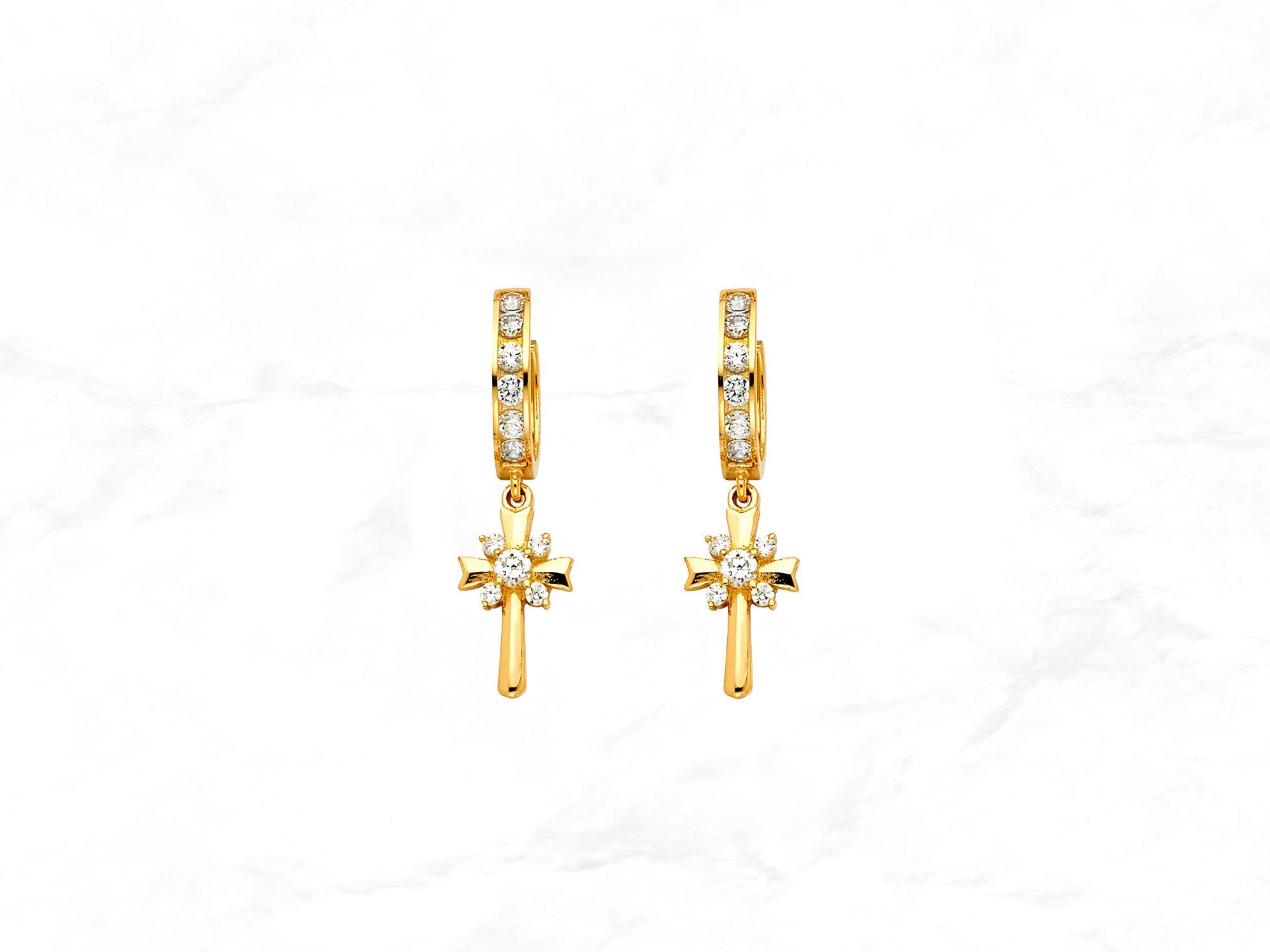 14K Gold Cross Hinged Huggie Hoops • Real Yellow Gold Dangle Huggies • Religious Huggie Hoop CZ Stone Earrings • Hanging Cross Drop Hoops