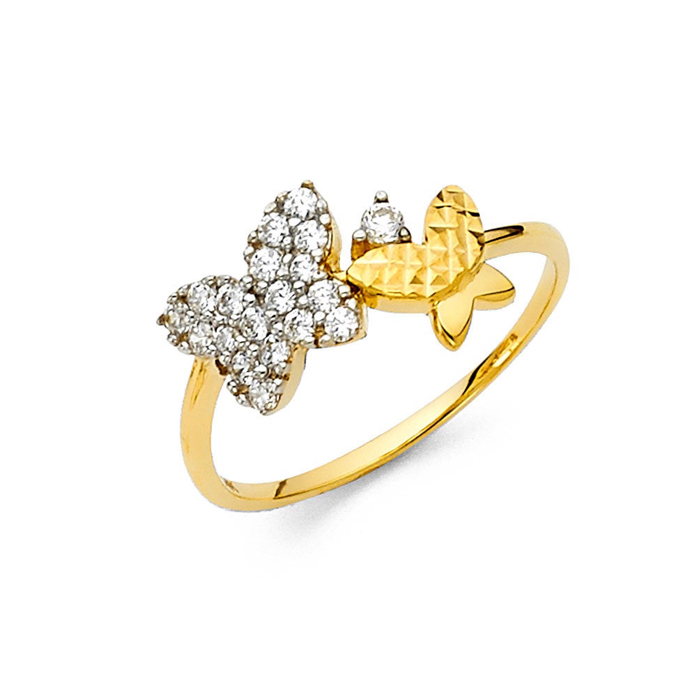 14K Gold Butterfly Duo Ring • Real 14K Gold Butterfly Ring • Cubic Zirconia Gems • Dainty Double Butterfly Ring •