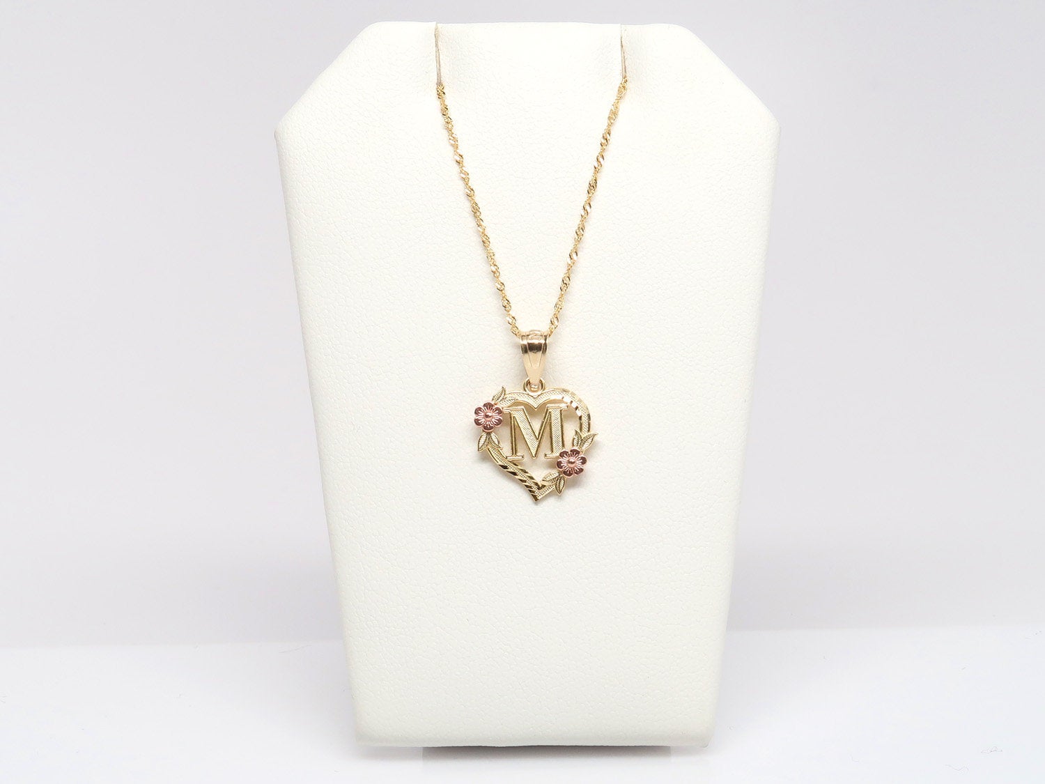 14K Flower Heart Initial Necklace • Gold Letter A-Z Charm Necklace Set • Real Yellow Rose Gold Alphabet •