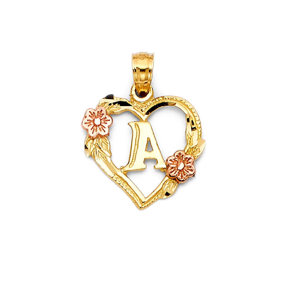 10K Gold Flower Heart Initial Necklace