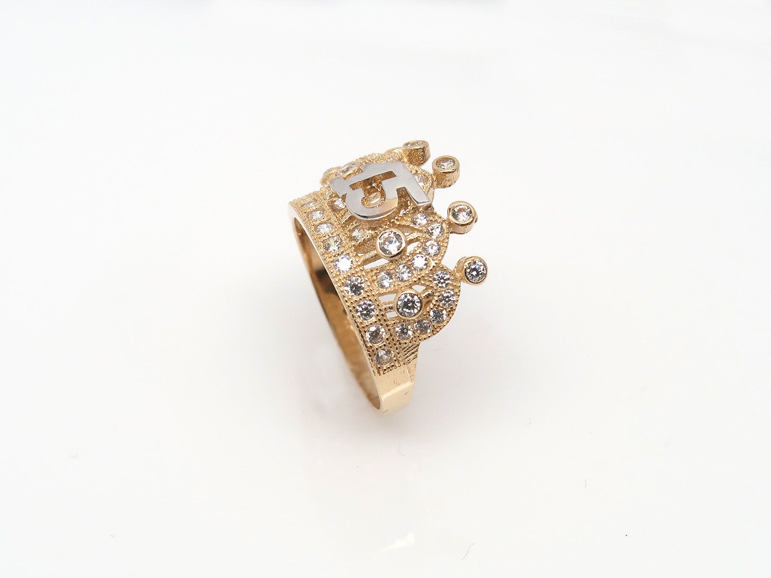 10K Gold Quinceañera Crown Ring • Real Two-Tone Gold 15 Años Ring • Quince Tiara Ring with Gems • Daughter Gift • 15th Birthday Ring