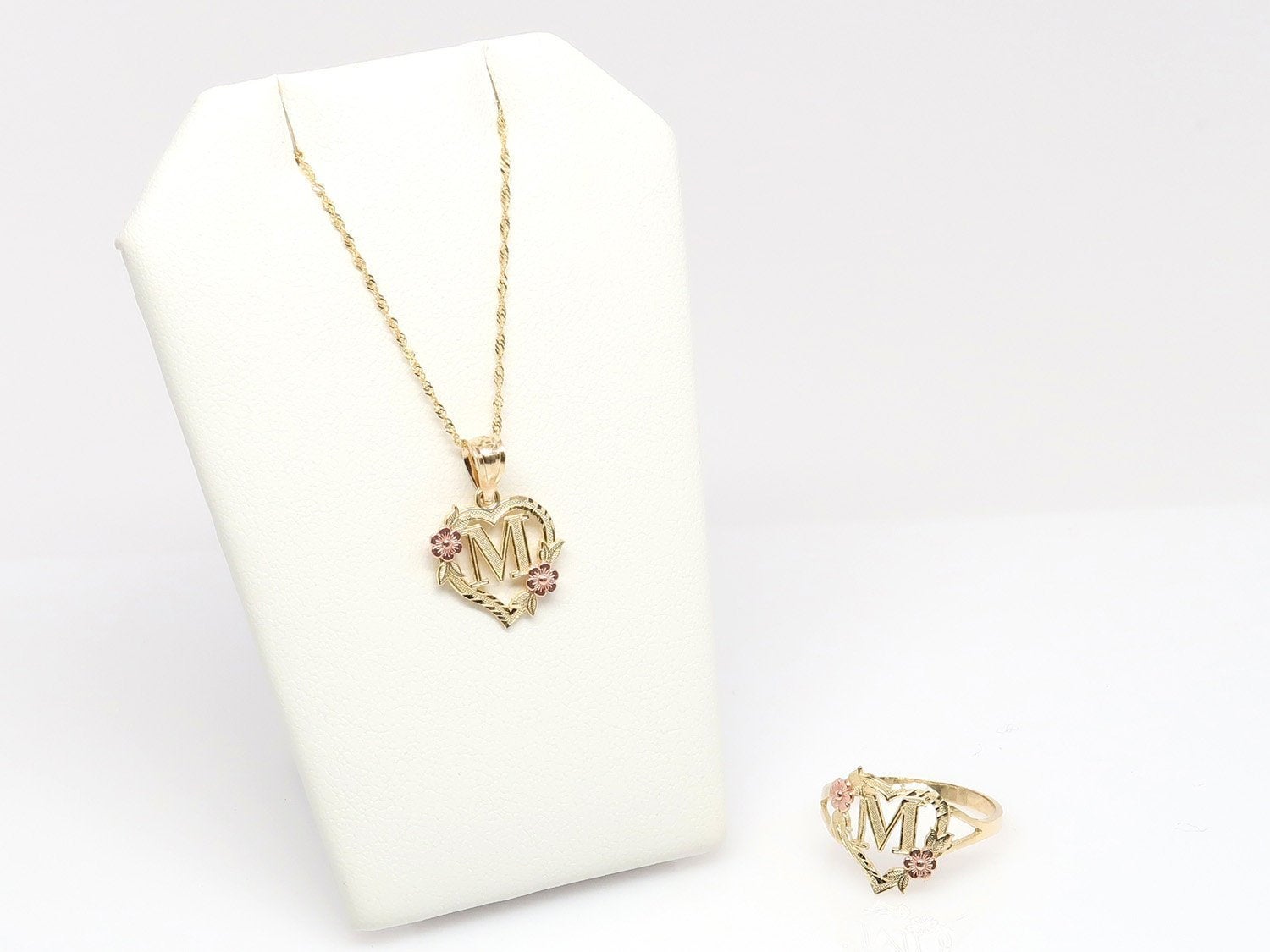 14K Flower Heart Initial Necklace & Ring Set • Any Letter, A-Z • Real 14K Gold Charm Necklace Ring Set • Daughter Gift