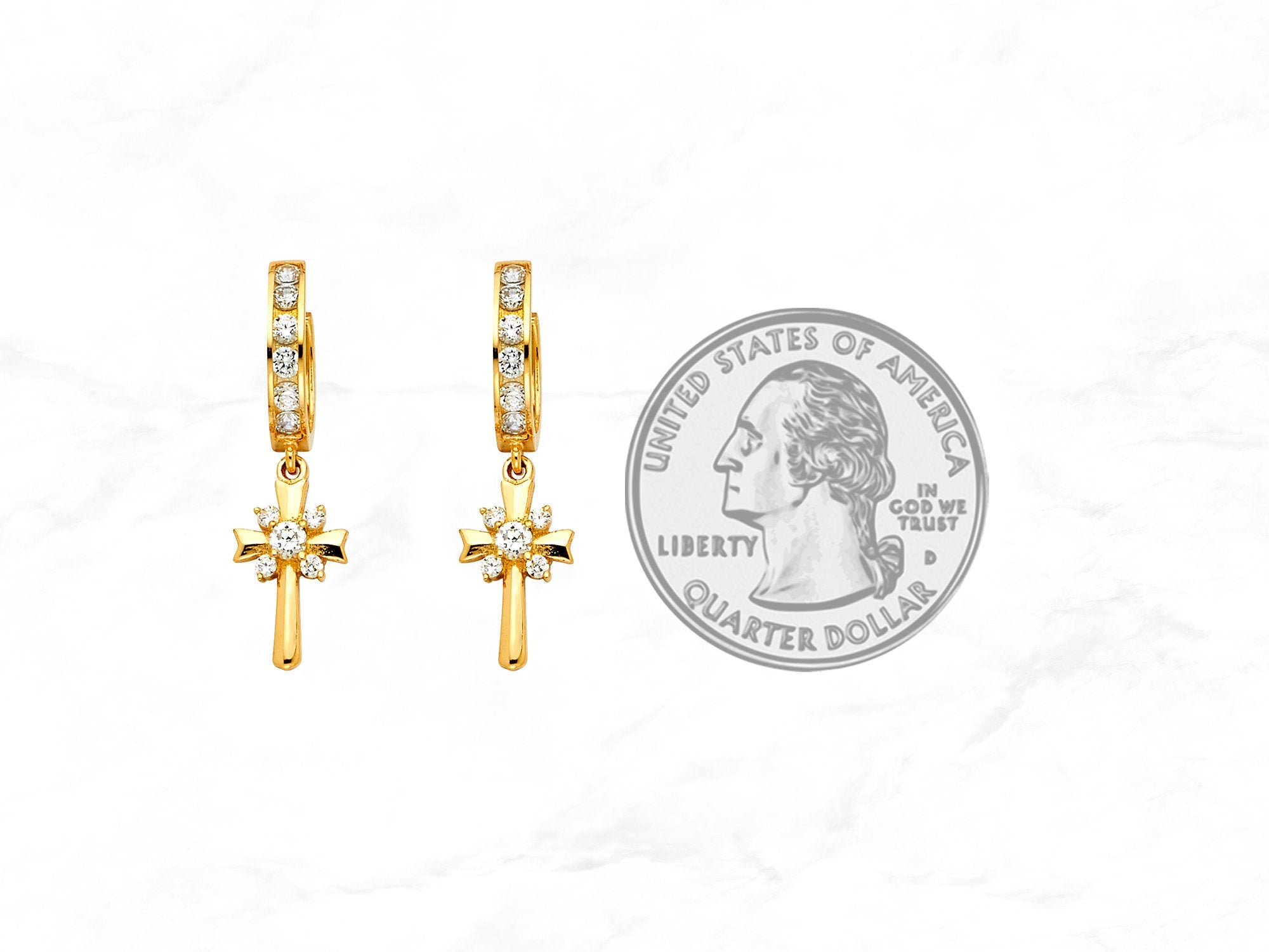 14K Gold Cross Hinged Huggie Hoops • Real Yellow Gold Dangle Huggies • Religious Huggie Hoop CZ Stone Earrings • Hanging Cross Drop Hoops