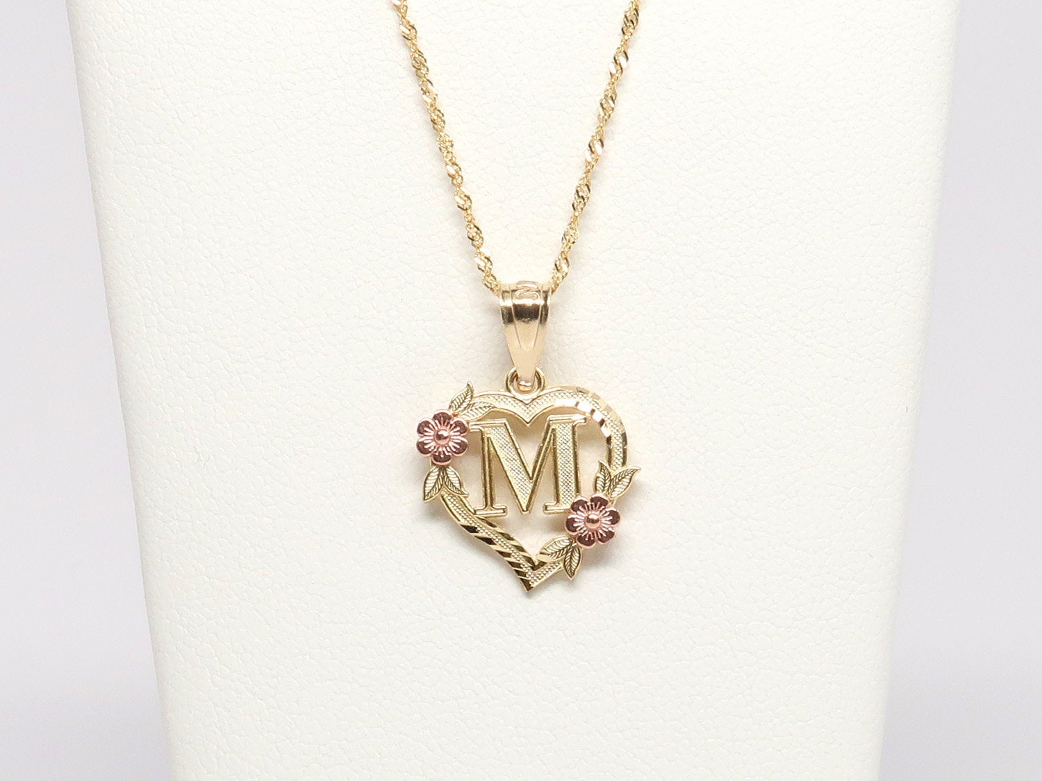 14K Flower Heart Initial Necklace • Gold Letter A-Z Charm Necklace Set • Real Yellow Rose Gold Alphabet •