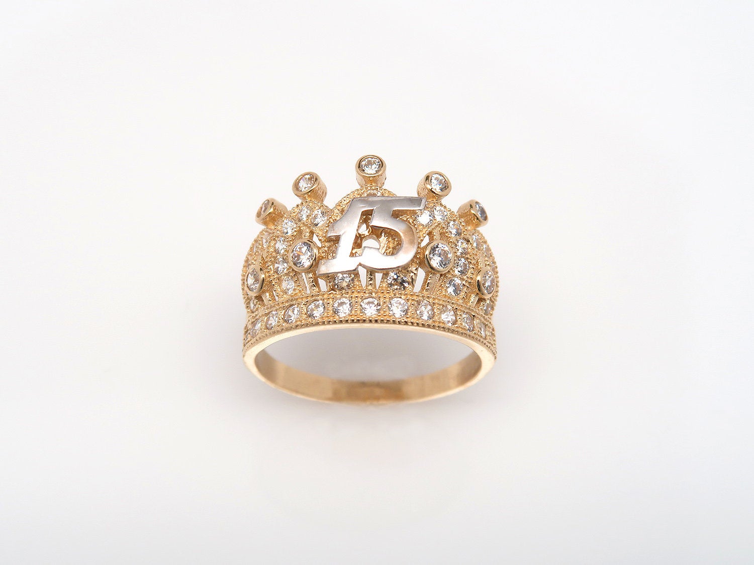10K Gold Quinceañera Crown Ring • Real Two-Tone Gold 15 Años Ring • Quince Tiara Ring with Gems • Daughter Gift • 15th Birthday Ring